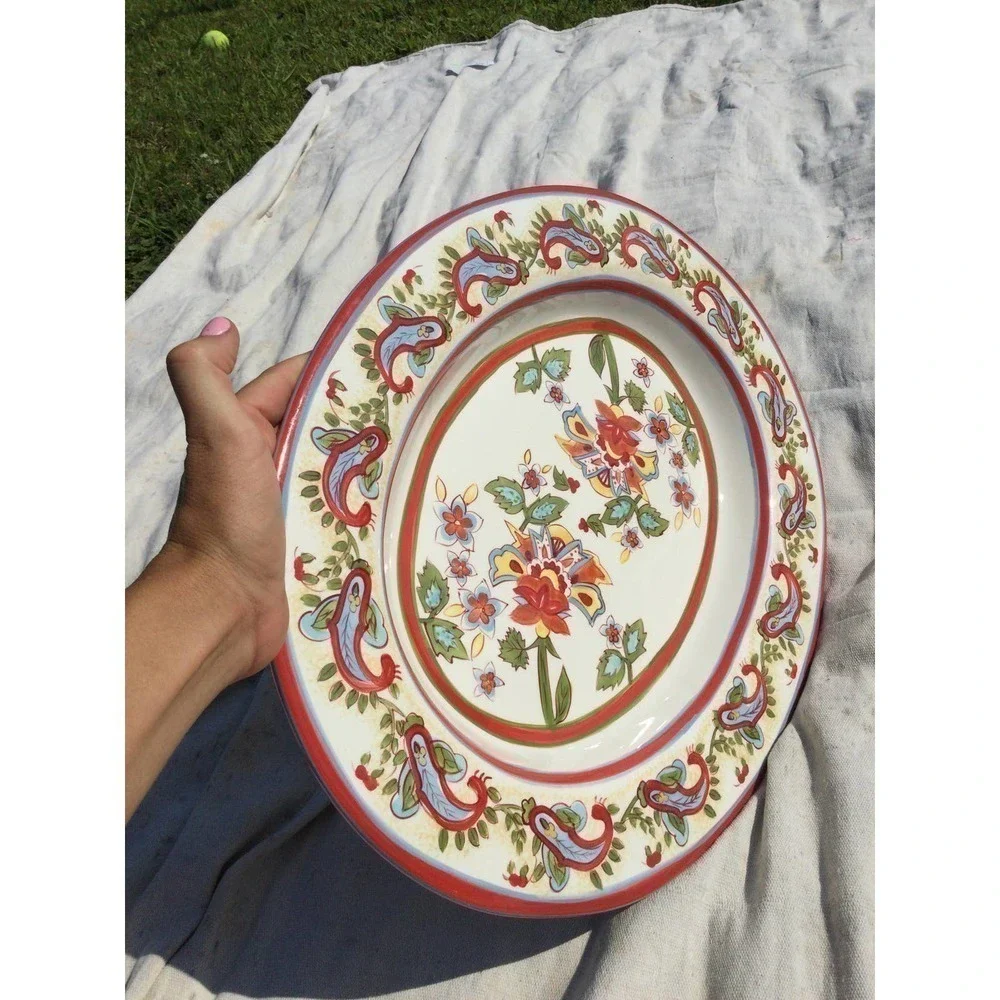 Pottery Barn sausalito paisley platter 19” serving ceramic white red floral boho
